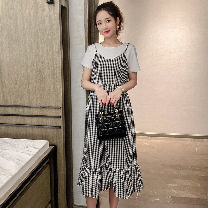 【新作】【送料無料】 マタニティウェア2020夏の新しいファッションチェック柄フェイクツーピースドレスミドル丈ファッションマタニティドレス-アリババ サマー 夏物 expec229299598437