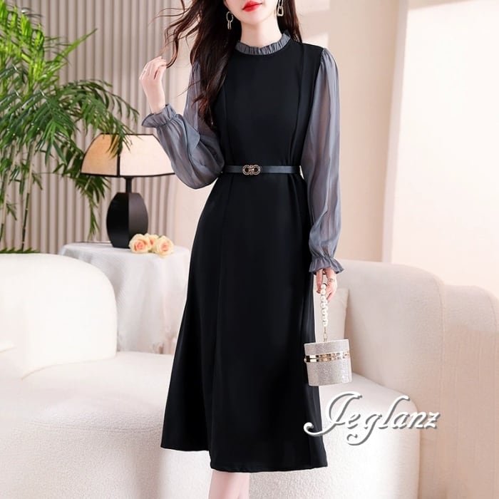 上品 パーティ ドレス バイカラー ワンピース 肌透け 7分袖(MB155)ζ