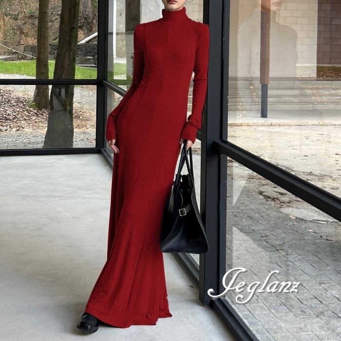 3色 ニット マキシ ワンピース 長袖 タートルネック シンプル派( MB813)γ☆