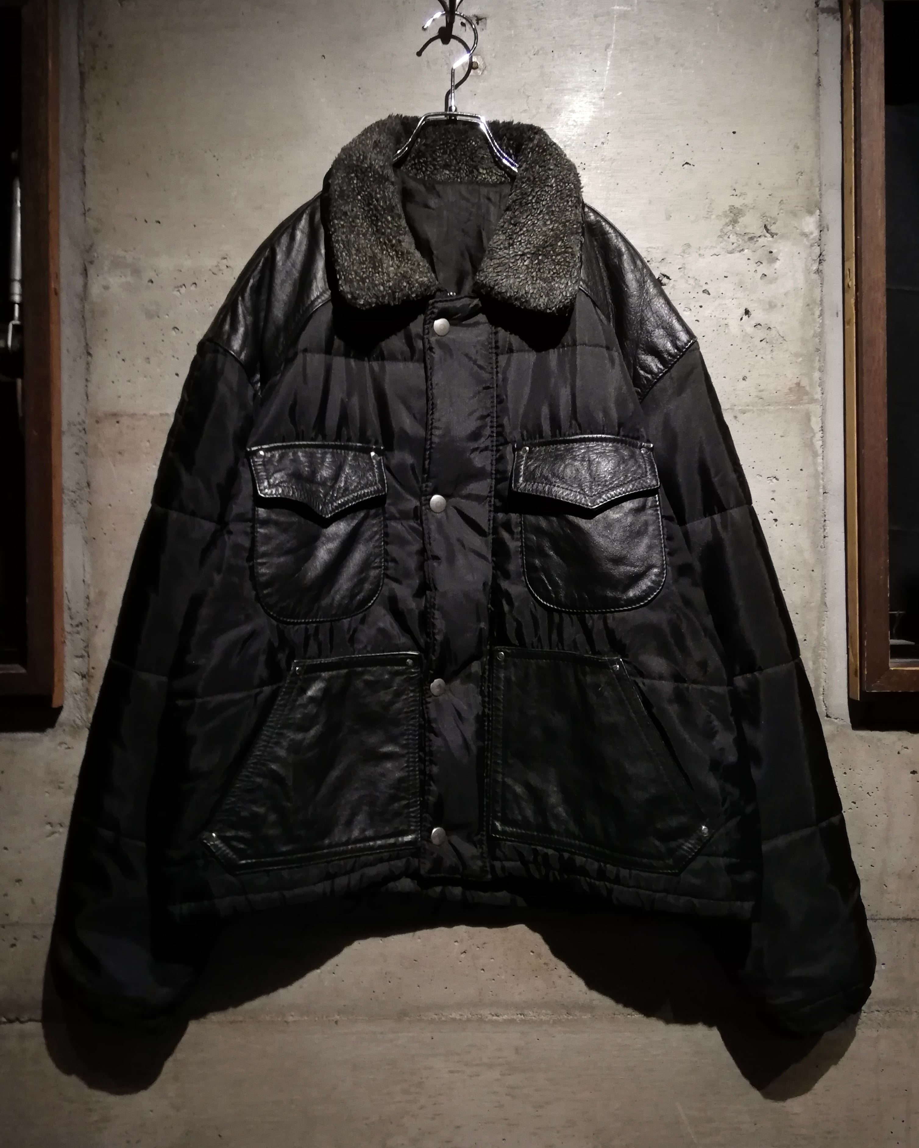 下北沢caka購入 レザーフライトジャケット Caka】Leather Swiching Vintage Loose Nylon Padded Jacket | Caka