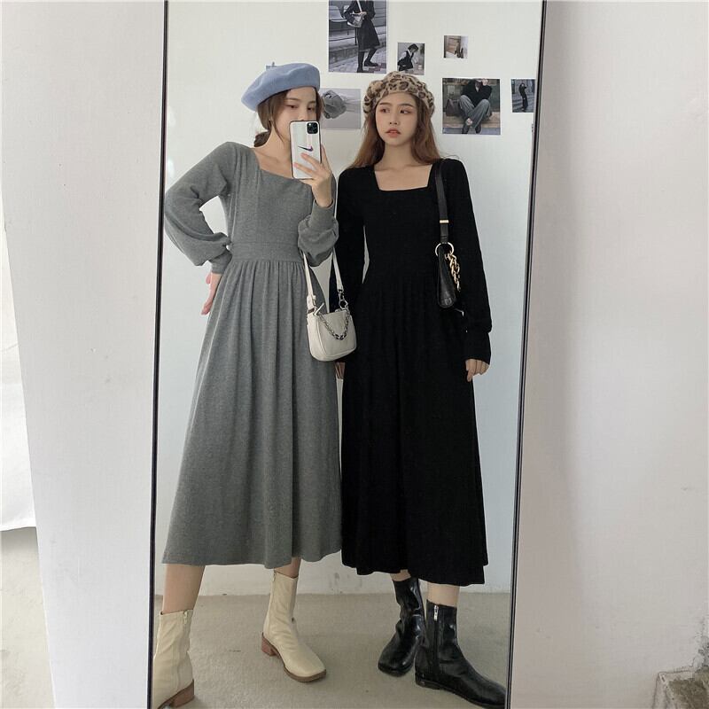 ドレスレディース2020新しい秋と冬フランスの気質スクエアネックレースバック小さなハイウエストルーズウエストロングスカート クレセントシティ93688277483