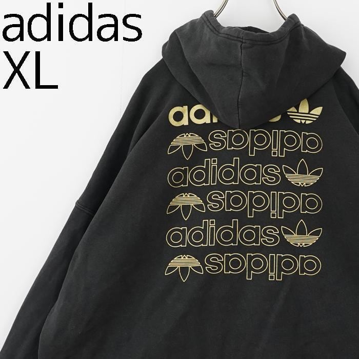 adidas アディダス センターロゴ刺繍 パーカー トレフォイル XL 黒 金 ...