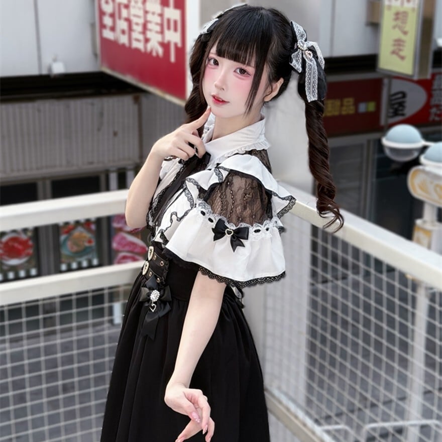地雷系 ブラックロングスカート ハートベルト風リボン付きイベント向け