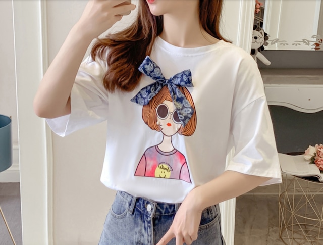 ロゴ Tシャツ かわいい 夏 カジュアル ペイズリー リボン シンプル コーデ 女の子 イラスト プリントシャツ 韓国 490