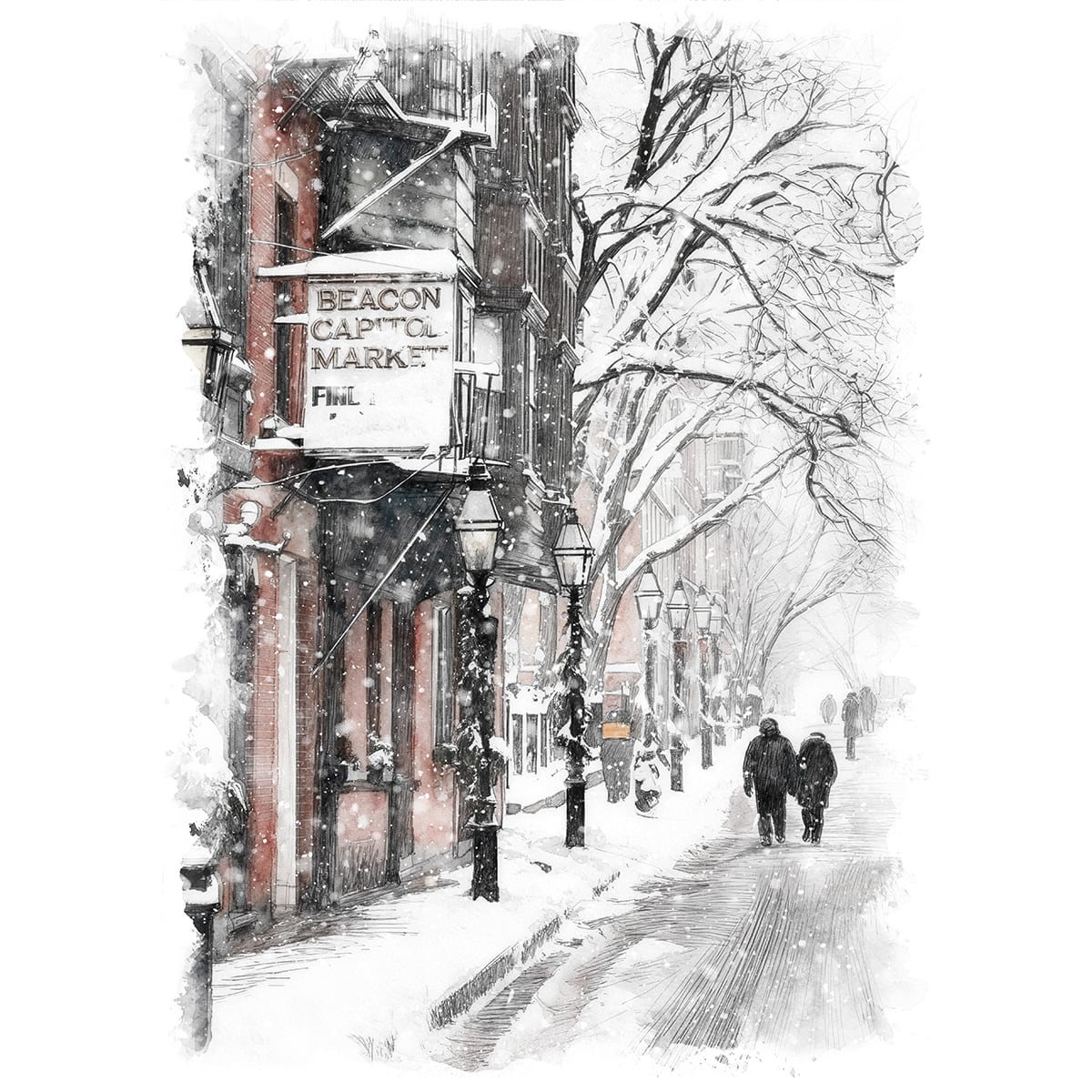 絵画 アメリカ 風景画(街並み) 冬 雪が降る ボストン ビーコンヒル地区の通り インテリアアート額付き 水彩画・油絵調 WAT0354