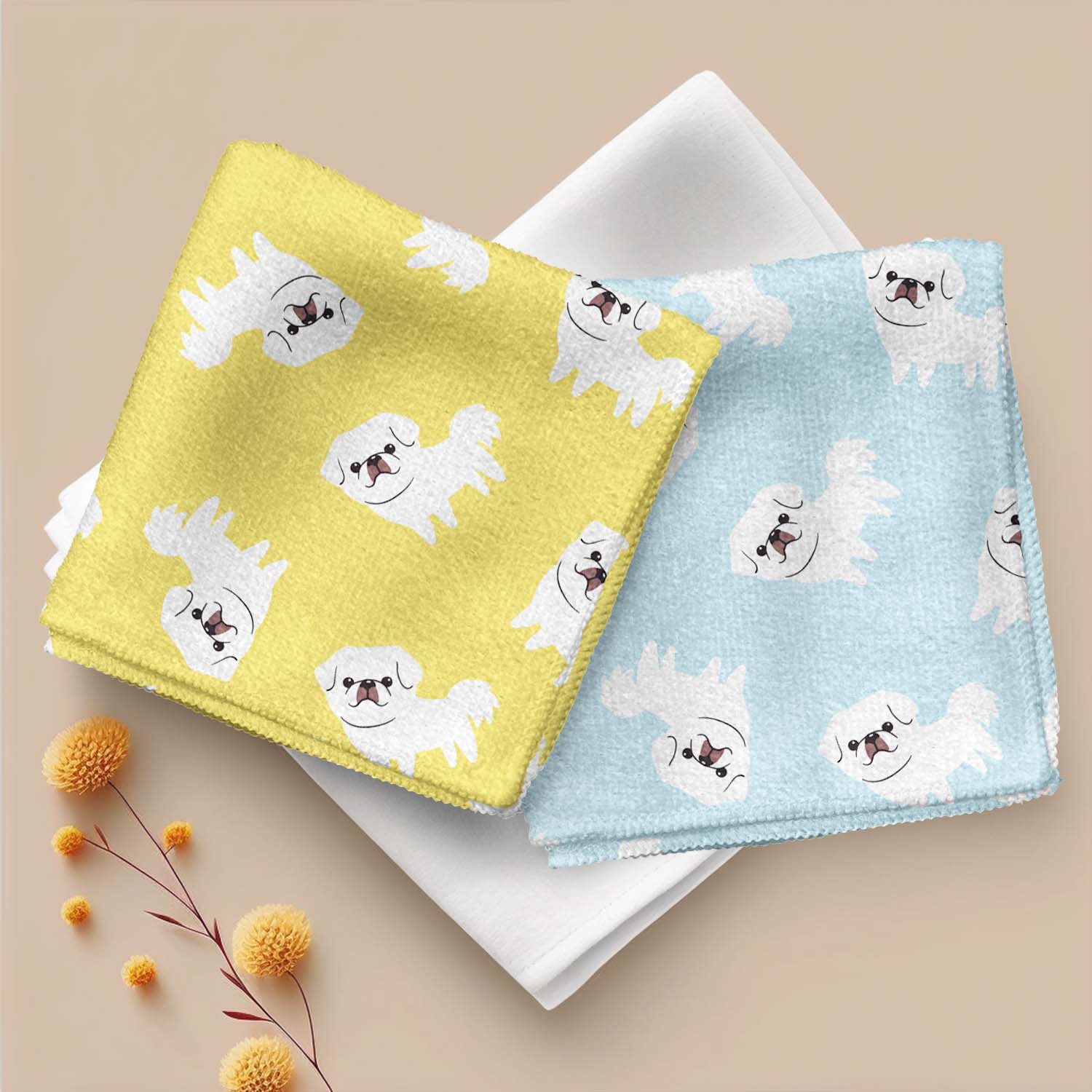 ペキニーズ パターン柄 】 パステルカラー ハンカチ 2枚セット 犬