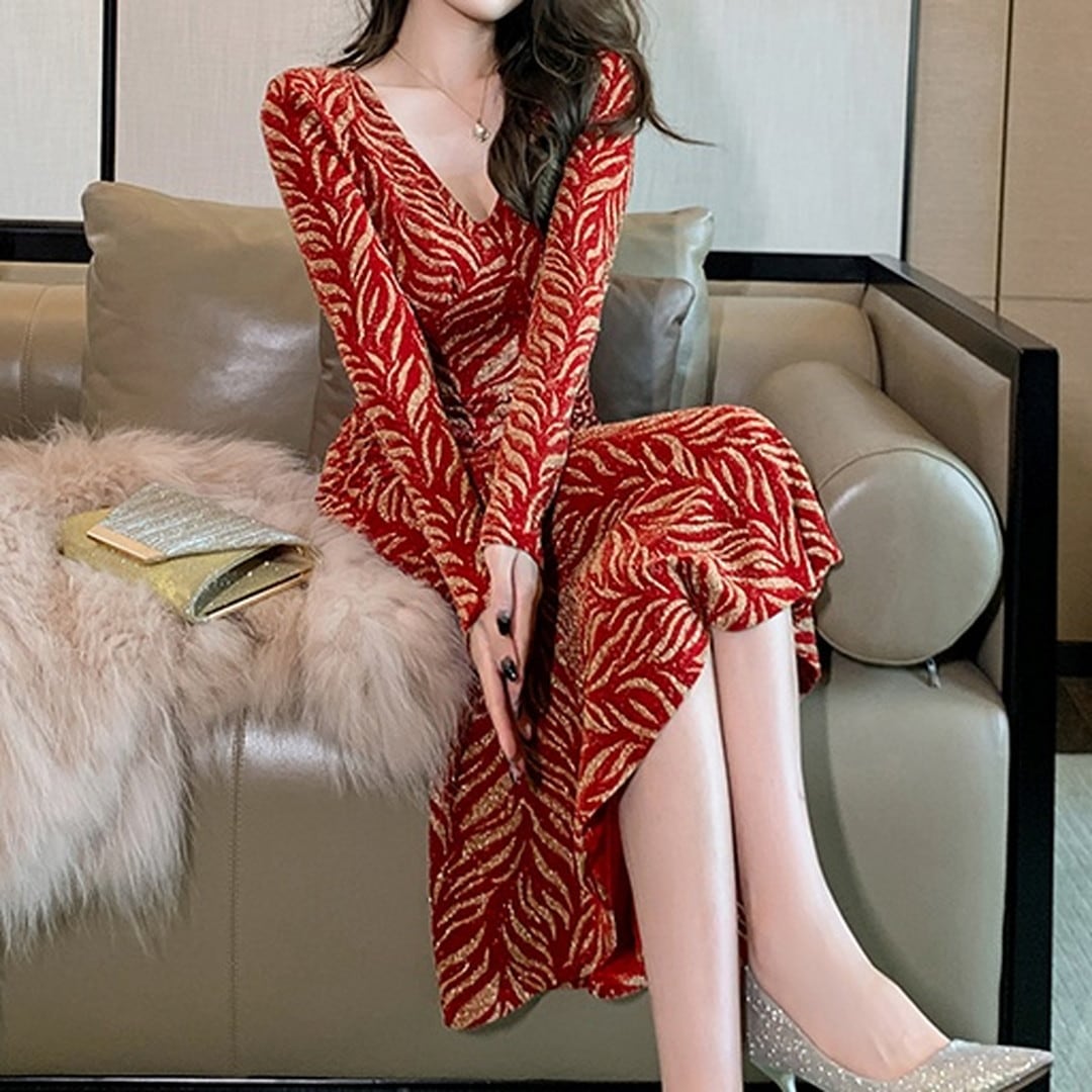 V-neck Slim Long Sleeves Fishtail Long Skirt V1677