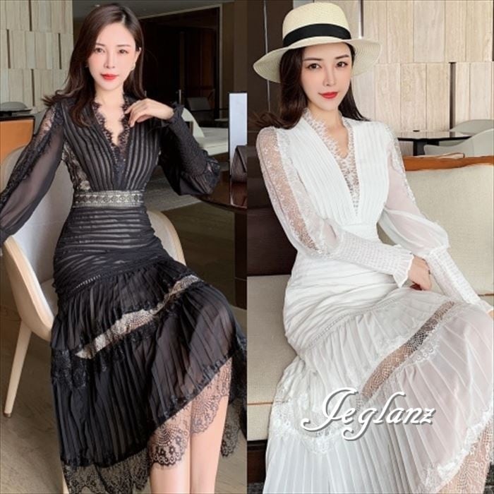 パーティ ドレス プリーツ ワンピース V開き 透け感 ボリューム袖 ♪(M2522)ζ