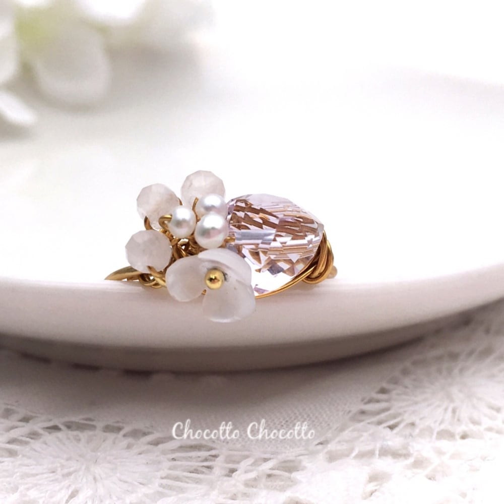 ピンクアメジスト 白蝶貝と2種の天然石の指輪