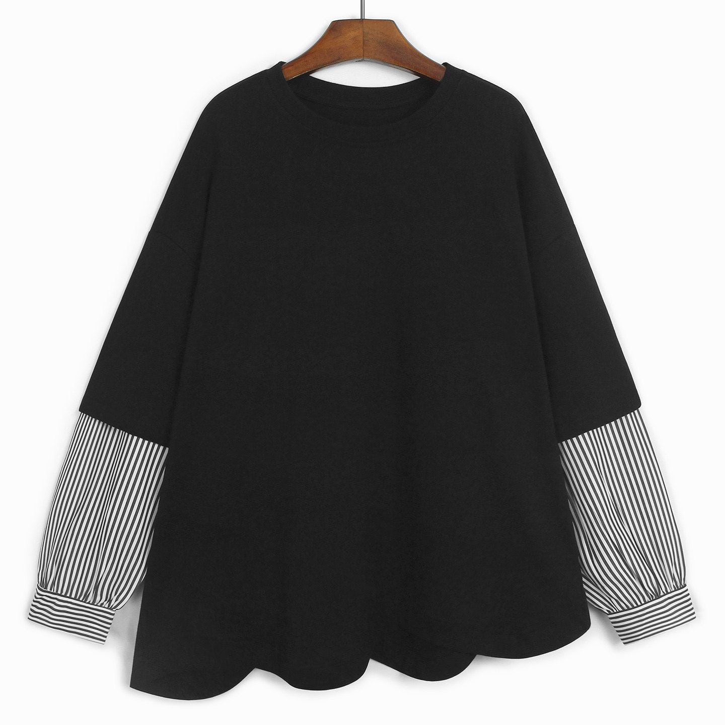 STRIPED FAUX LAYERED ASYMMETRIC LONG SLEEVE TOP M-18500