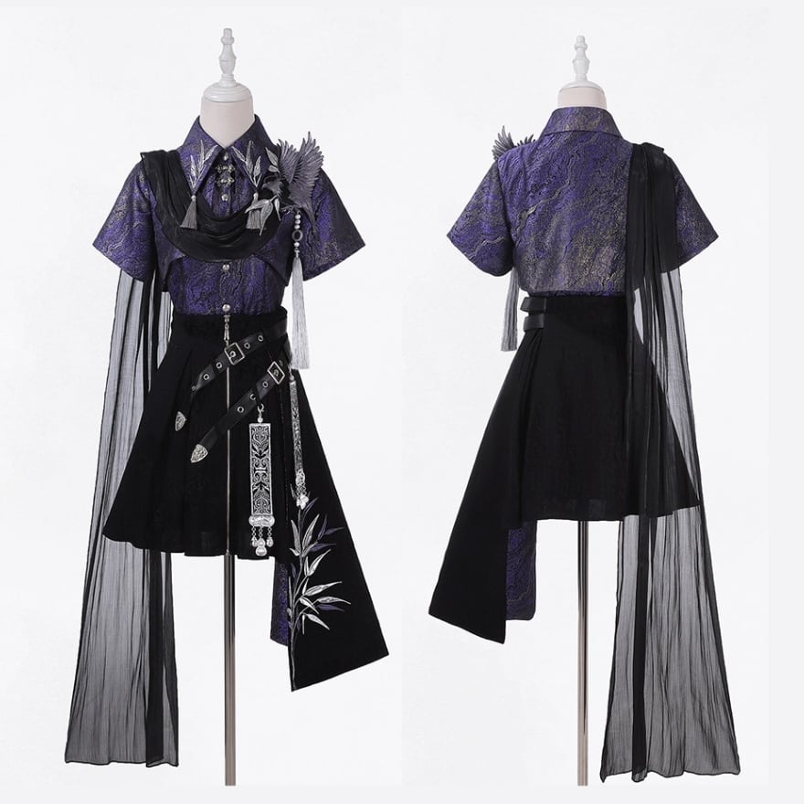 【蓮芽あや様】ロリータ衣装セット　Sサイズ 紫影を纏う夜蓮 ドレープ刺繍アシメベルト中華ロリータセットアップ