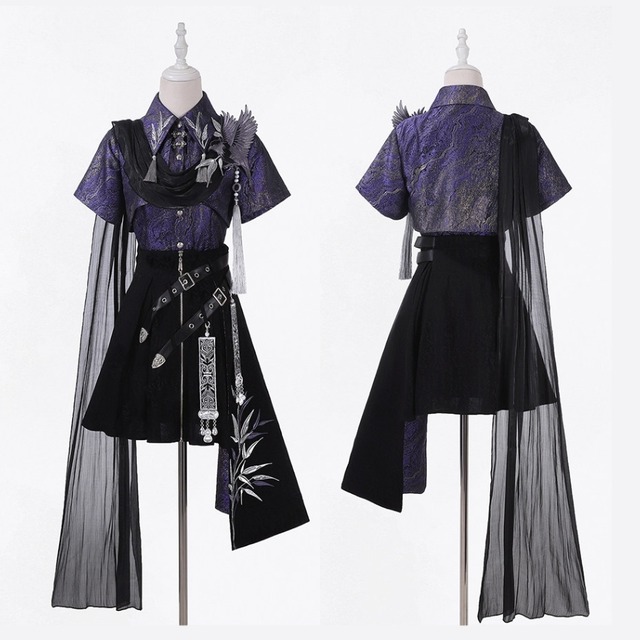 紫影を纏う夜蓮 ドレープ刺繍アシメベルト中華ロリータセットアップ