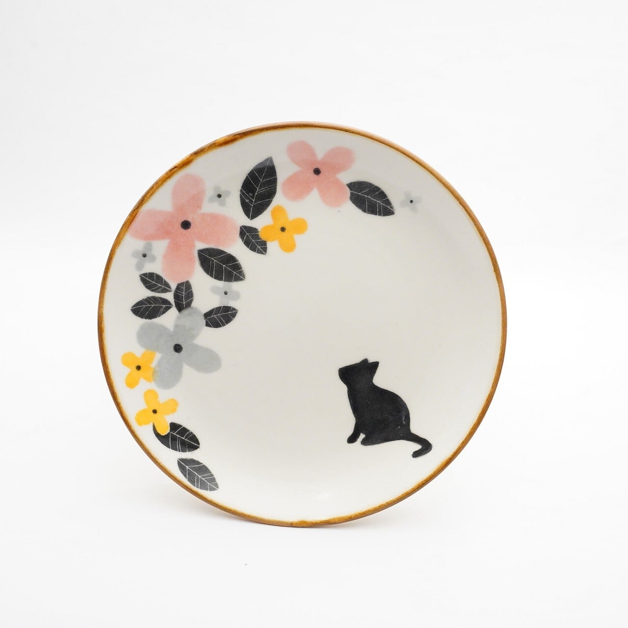 【久保島 利恵】黒猫花中皿ピンク約16cm A-12