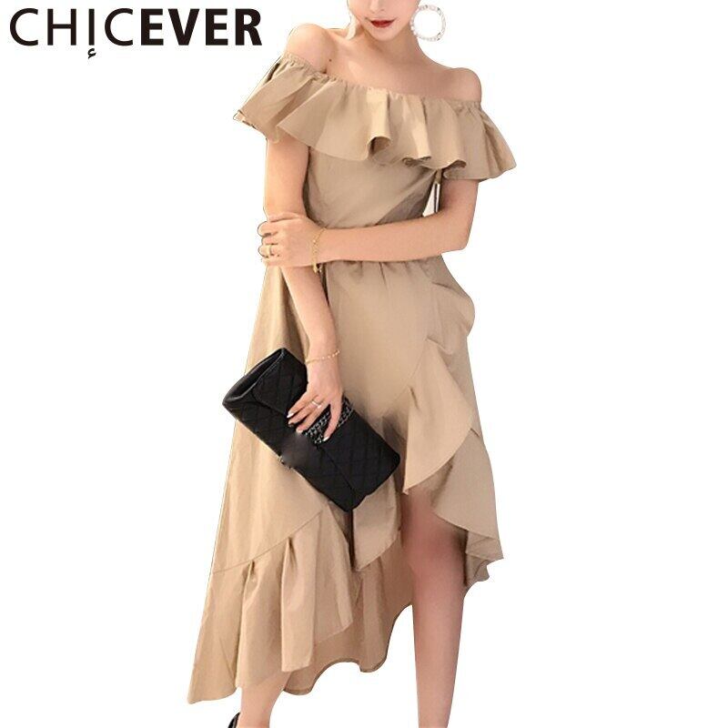 CHICEVERサマードレスレディース2020セクシーオフショルダー裾不規則なチュニックスラッシュネックベルトロングドレス服 夏物 ハーネス 6base572885108878