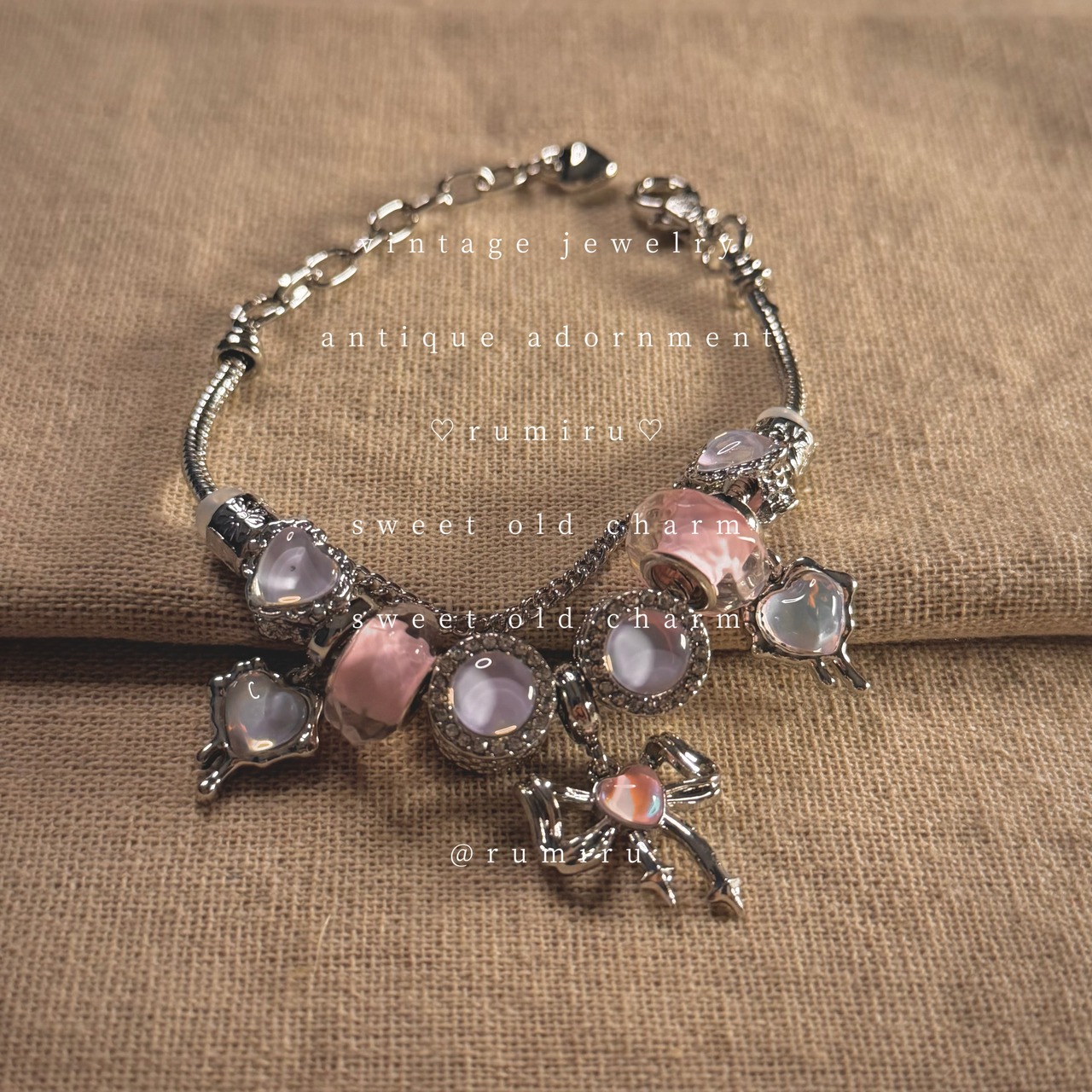 ハンドメイド ローズカラー×リボンチャーム ブレスレット - 1