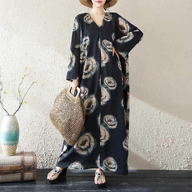 FLOWER PRINT V-NECK WIDE MAXI PULLOVER DRESS 1color M-16041