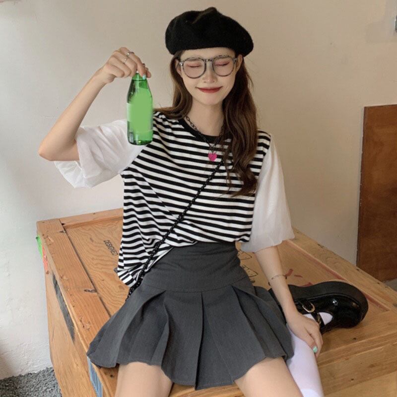 スカート サマーカジュアルストライプTシャツ トップス ハイウェストプリーツ 夏物 YY-ファッション43364910323