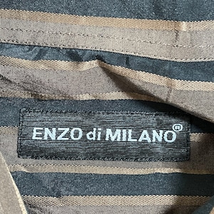 【ENZO di MILANO】デカ襟 70s風 刺繍ロゴ ストライプシャツ 長袖シャツ カジュアルシャツ ポリシャツ 茶 黒 柄シャツ レトロ L EU古着