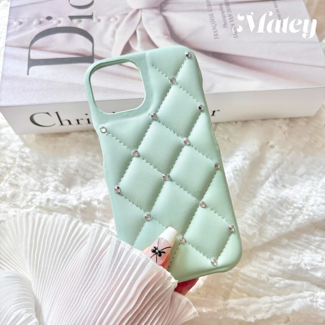 グロスレザー♡ ストーンマトラッセiPhoneケース -オパールグリーン-