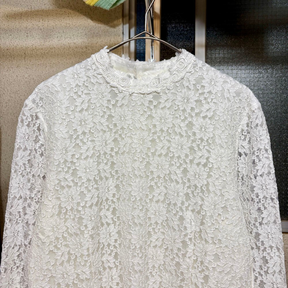 90s 日本製 HARMONICA ハーモニカ スタンドカラー 総レース ブラウス 花柄 シースルー バックボタン デザイン レーストップス クラシカル ホワイト ジャパンヴィンテージ ビンテージ 国産古着 レディースMサイズ