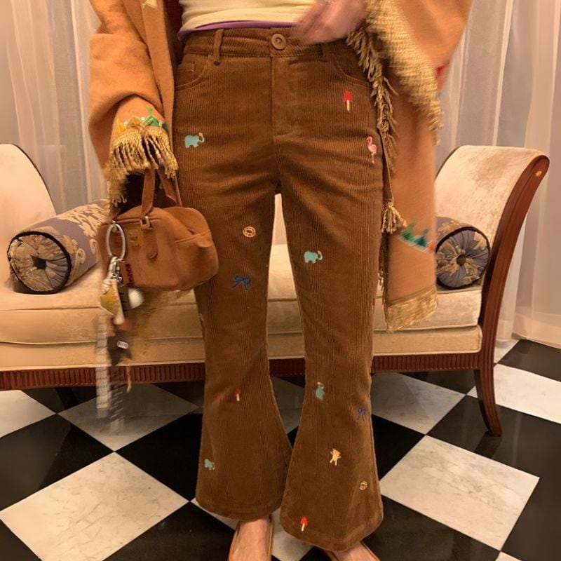 Embroidered corduroy flared pants 00487