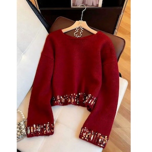 burgundy sequin hem knit sweater<t3238>