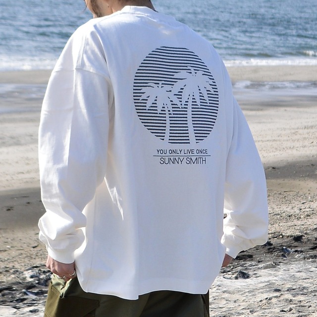 SUNSETヤシの木柄　両面刺繍ロングスリーブTシャツ