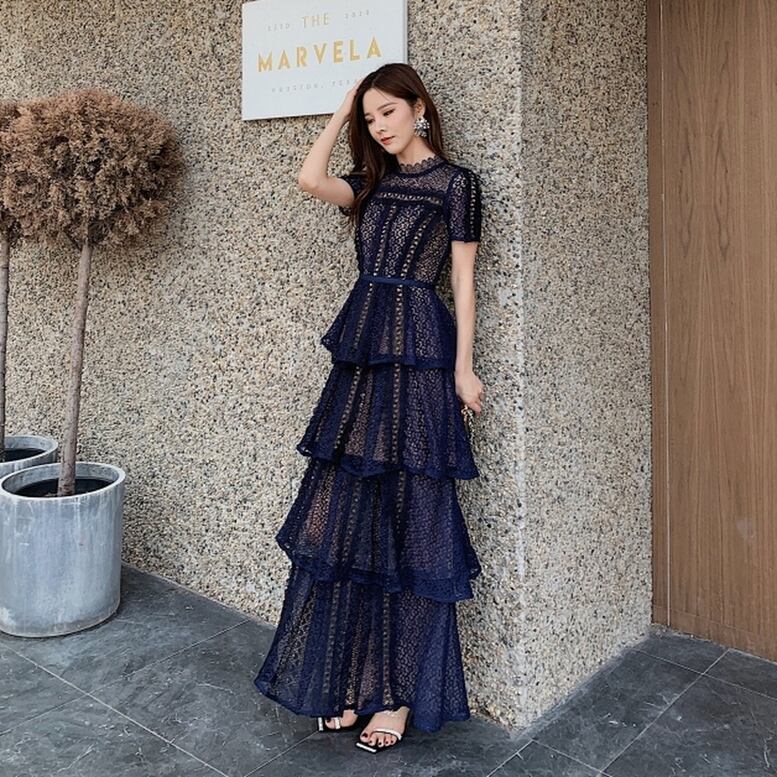 ティアードクロシェドレス】マキシドレス レース シースルー 半袖 結婚