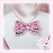 ♡ 姫GAL ヒョウ柄リボン ピンクフリルパールネックレス pink×brown豹柄 ♡