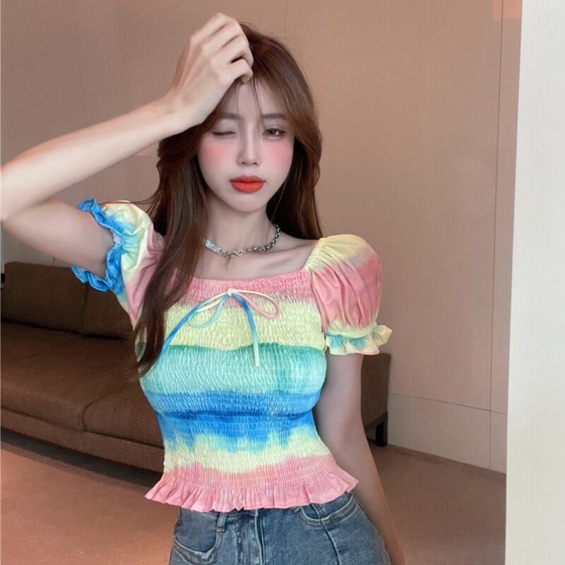 サマースタイルスリーブシャツ ブラウス レディース リボン 夏物 スクウェア ハンチェンe50272900906