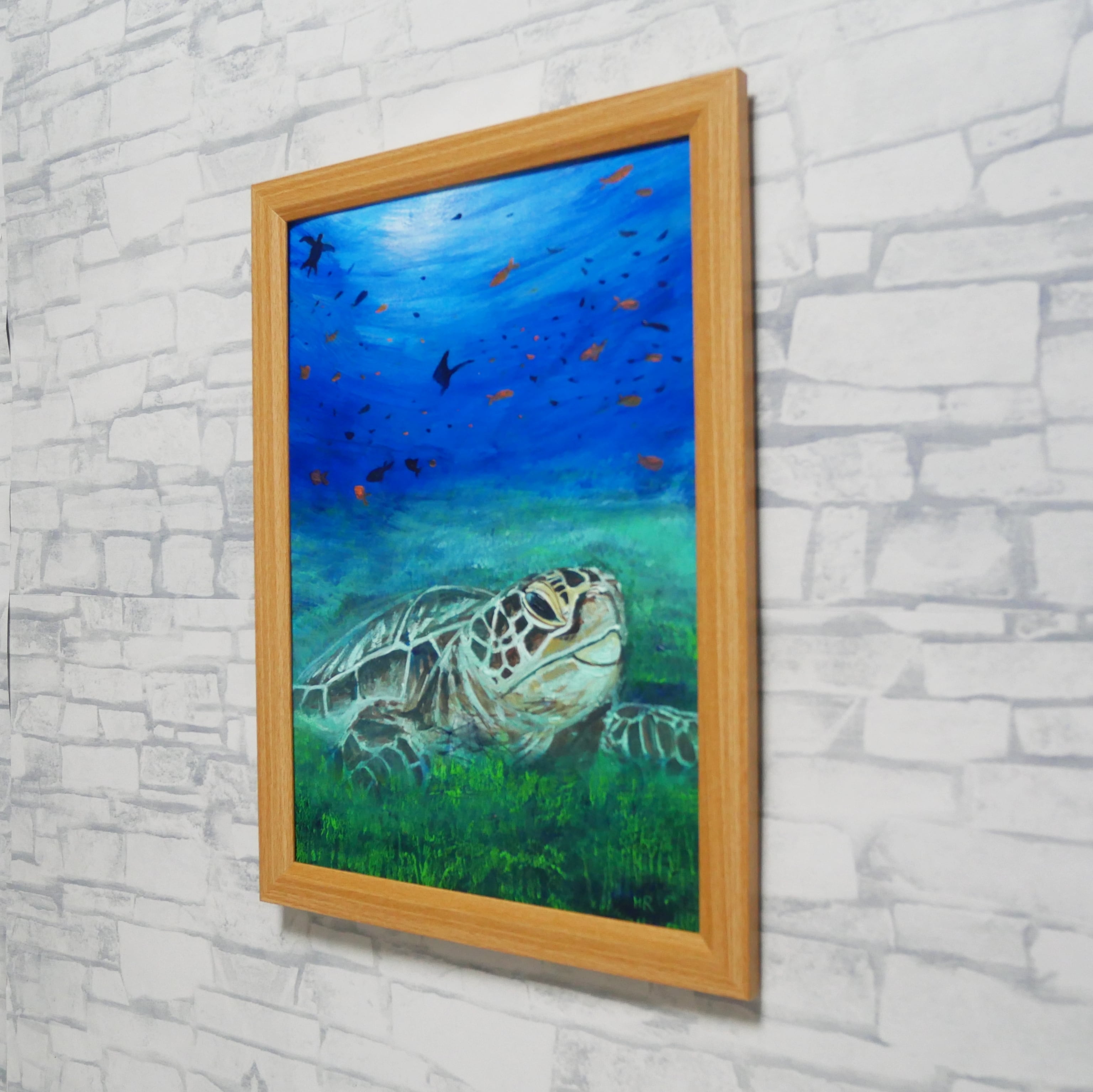 油絵 原画『光射す深海へ〜癒やしのウミガメ〜』額縁付き 絵画 海