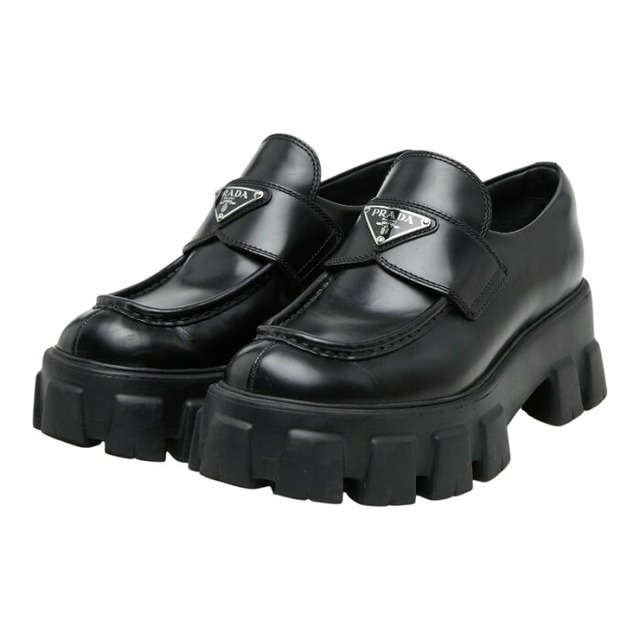 プラダ 三角ロゴプレート モノリス ローファー 厚底 サイズ37 1/2 649 ブラック ブラッシュドレザー レディース PRADA 【中古】