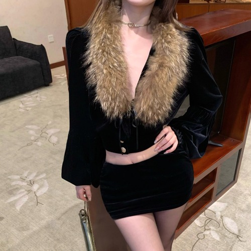 【2点セット】ファーカラートップス＋ベロアスカート ・13040