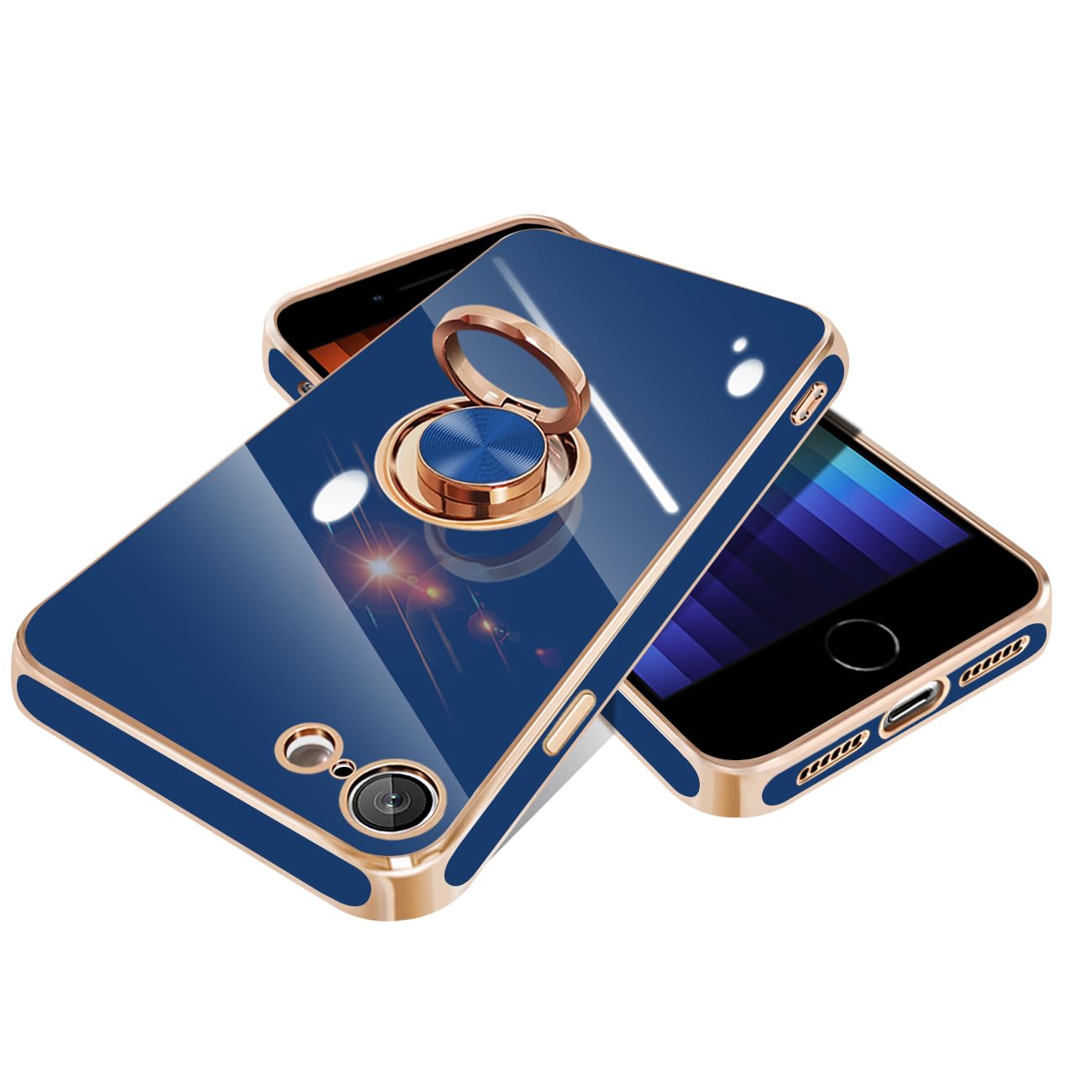 【FULEEYUHN】iPhone SE2 / iPhone SE3 ケース リング付き【多機能360度回転スタンド・縦横両対応・角度自由調整】アイフォン SE3/SE2/8/7 カバー 米軍MIL規格 車載ホルダー対応 耐衝撃 レンズ保護 ストラップホール付き ワイヤレス充電対応(ブルー)