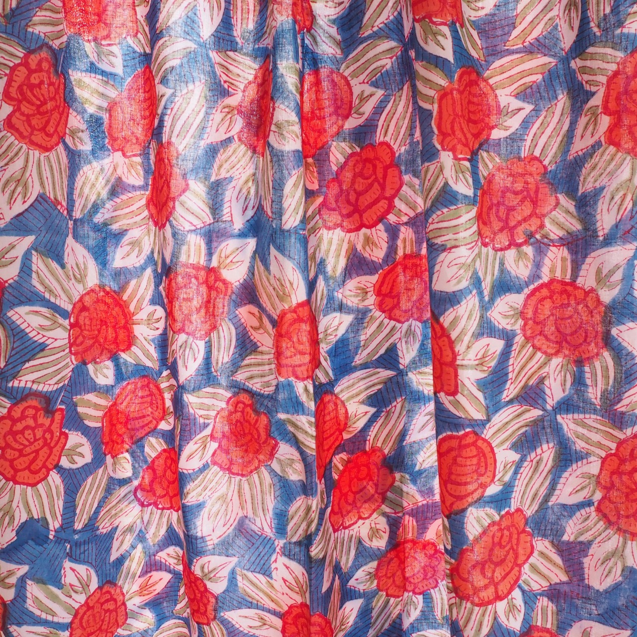 ブロックプリント生地【50cm単位】インド綿 花柄 青×オレンジ #14319-BL1