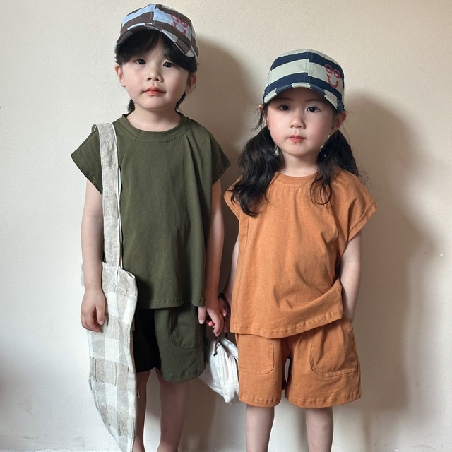 【BABY&KID】2024新作　レトロ無地半袖セットアップ
