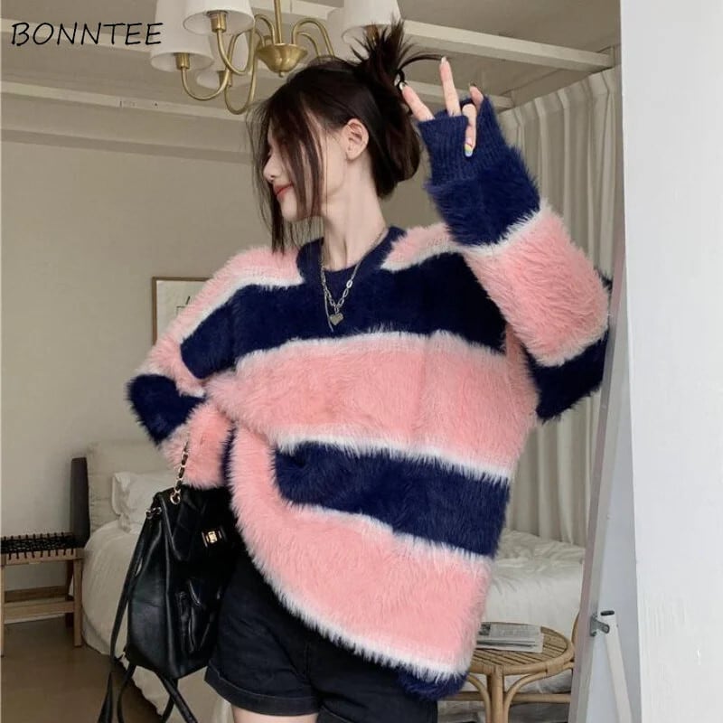 【新作】【送料無料】 プルオーバー女性パネルストライプオールマッチデイリー韓国ファッションスタイルルーズデザインベーシック秋レディース入札 Casaul 原宿 0269211393830