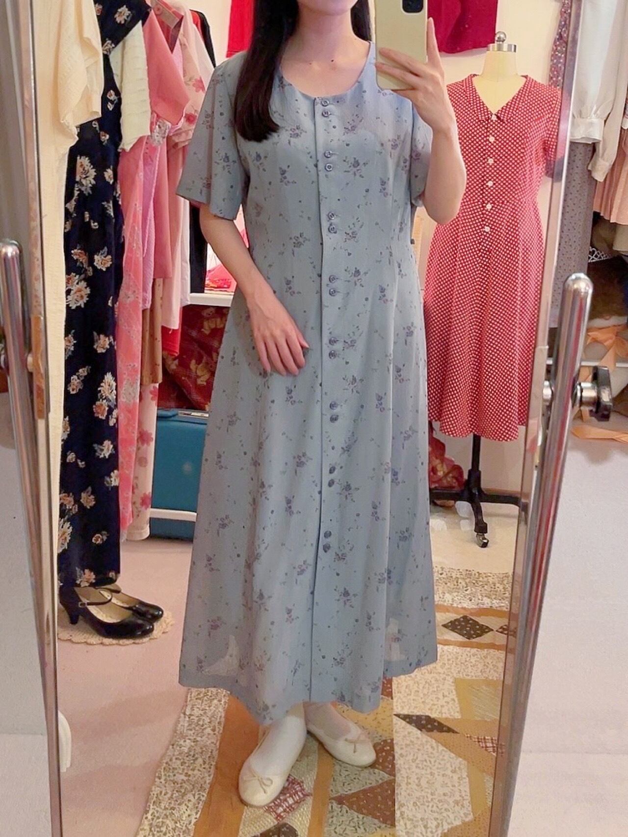 blue purple rose front button one-piece