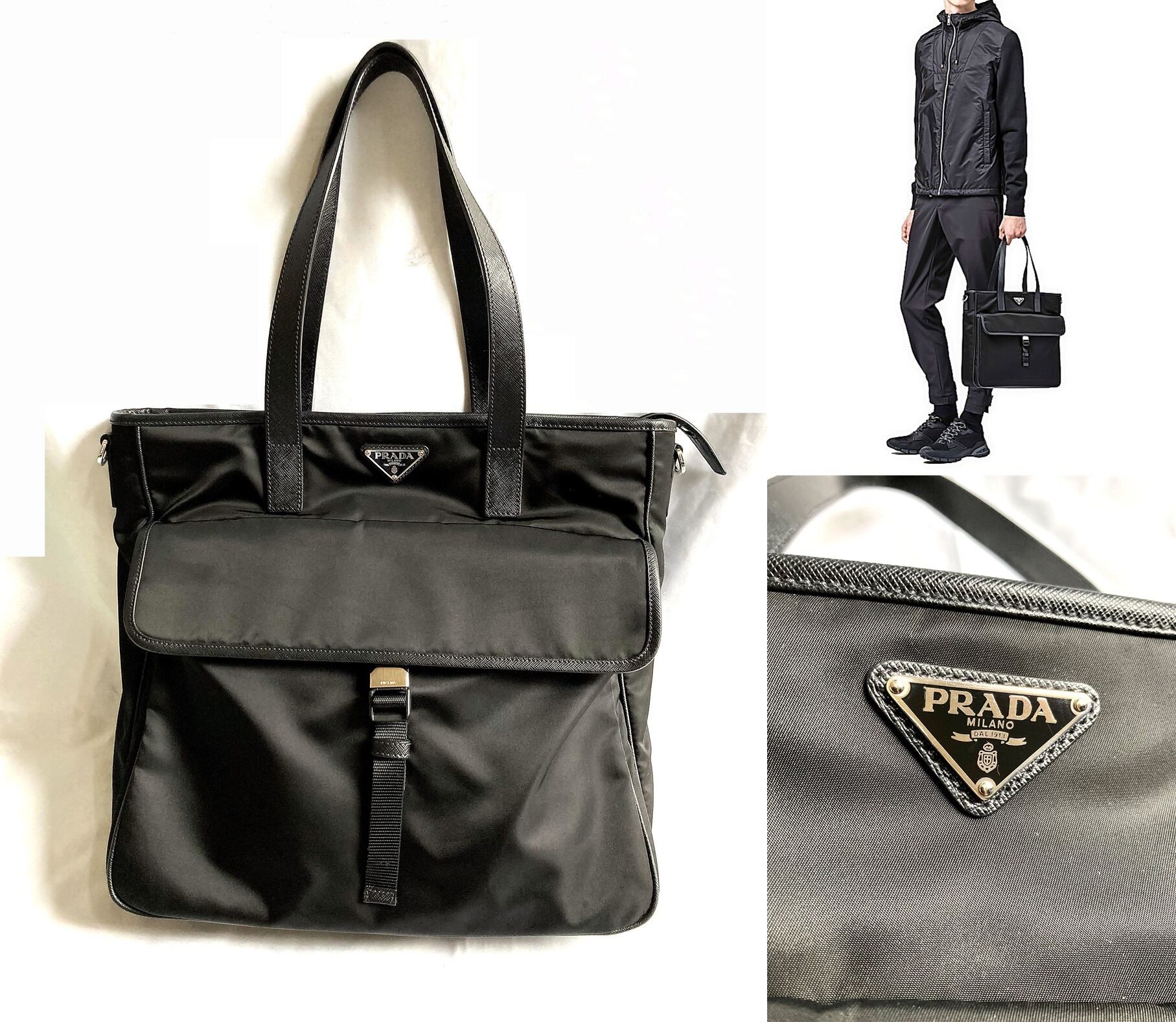 新品 2018 ギャラ付 国内正規 定価16万 PRADA プラダ テスート&サフィアーノ レザー ロゴ プレート トートバック メンズ 2VG 黒 送料無料