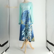 フラダンス 衣装 FANCY DRESS ファンシードレス ワンピース ドレス ブルー系 植物柄 ヤシの木 チュール袖 ハワイアンプリント ハワイアン アロハ フラ ダンス レッスン 練習 長袖 フレアスカート 水色 紺 白 黄 ネイビー系 ホワイト系 イエロー系 華やか さわやか かわいい おしゃれ 上品 大人っぽい