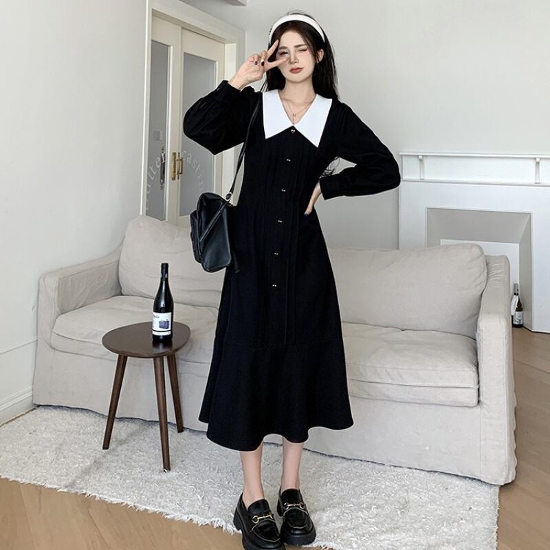 【新作】【送料無料】 新しい春と秋のフレンチスタイルのハイウエスト人形襟ステッチフィッシュテール裾ドレス女性の痩身ロングスカート 0281983515094