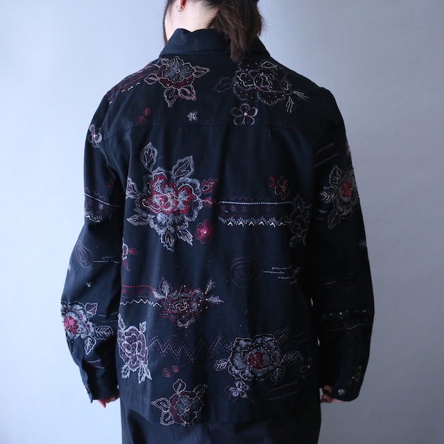 "刺繍" flower art pattern beads decoration box silhouette cotton shirt jacket