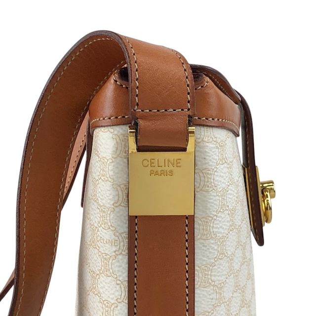 CELINE セリーヌ マカダム ショルダーバッグ ホワイト ブラウン ガンチーニ PVC レザー vintage ヴィンテージ オールド gt3h8m