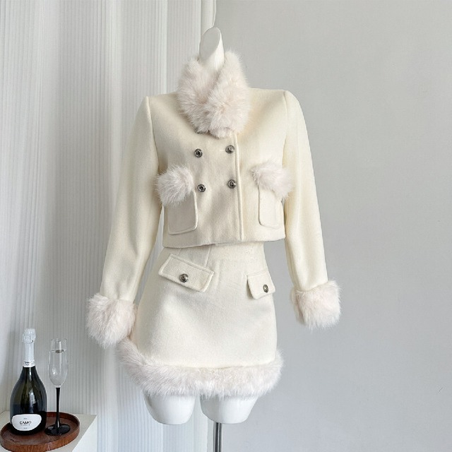 セットアップ ジャケット+スカート スウィート 綿入れ ダブルブレスト ベージュ S M L