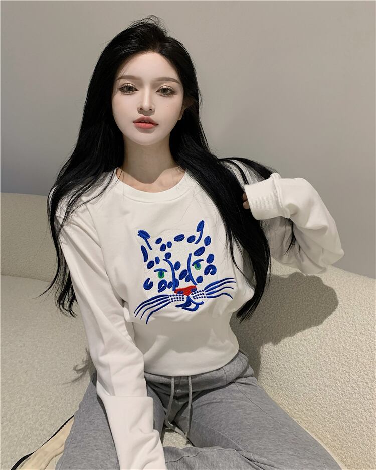 スウェット 刺繍ショートハイウェストウェストホワイトスリムトップス オータム 秋物 YY-ファッション99484292177