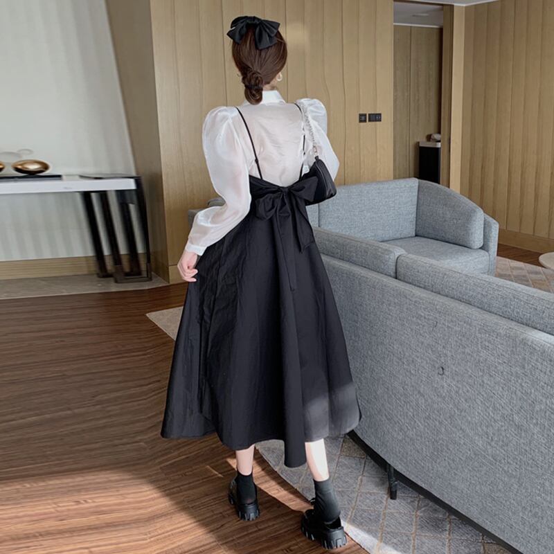 リボンスカート スタイルブラックドレス スプリングウェスト薄手 春物 萌量不足61869203060
