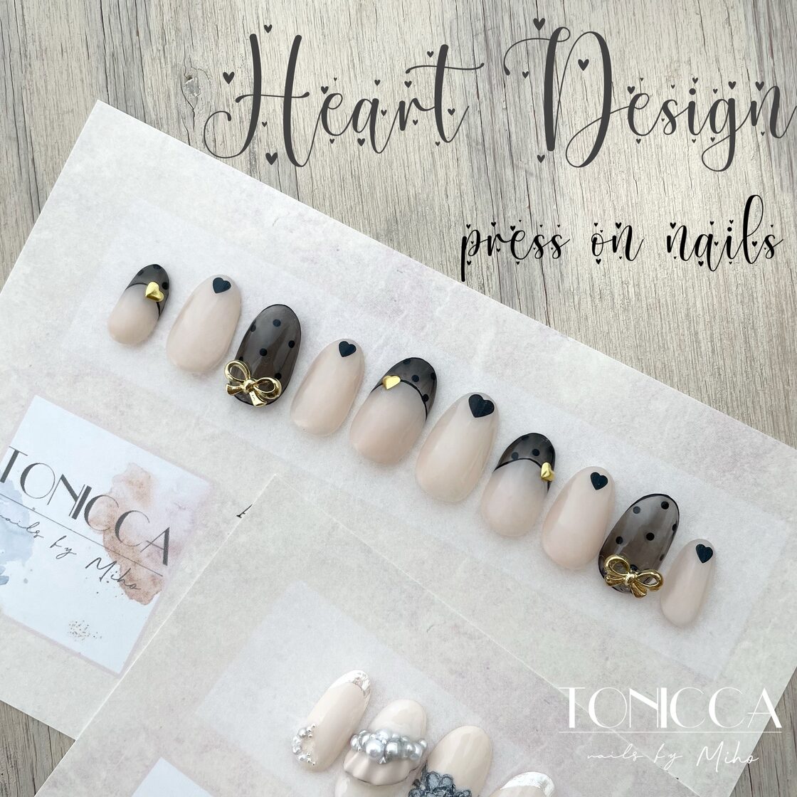 No.21 Black Heart &Dots French Design/ブラックネイル、ハートネイル 