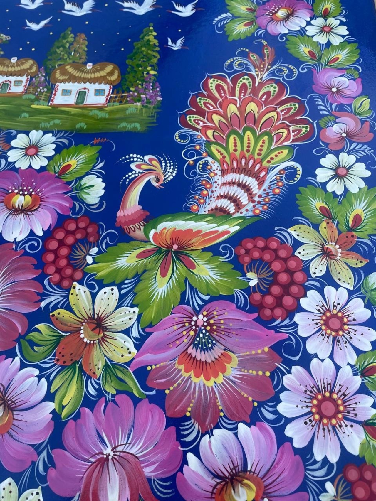 【コウノトリの舞う、わが故郷よ】ペトリキウカ塗り　壁掛け手描き絵画（ヴァレンティナ・ホメンコ） - 5