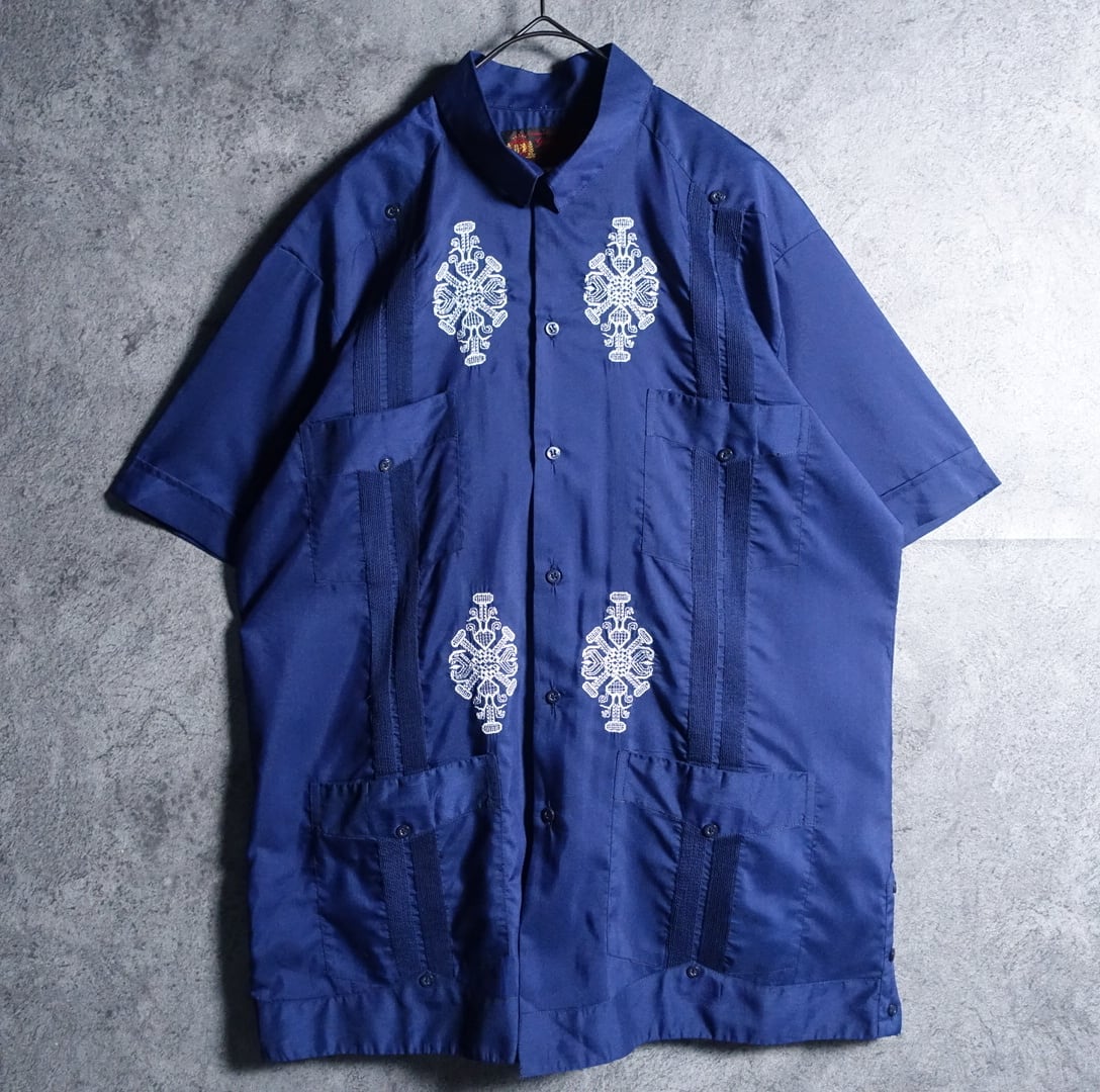 70s Blue abstract embroidery design Cuba shirt