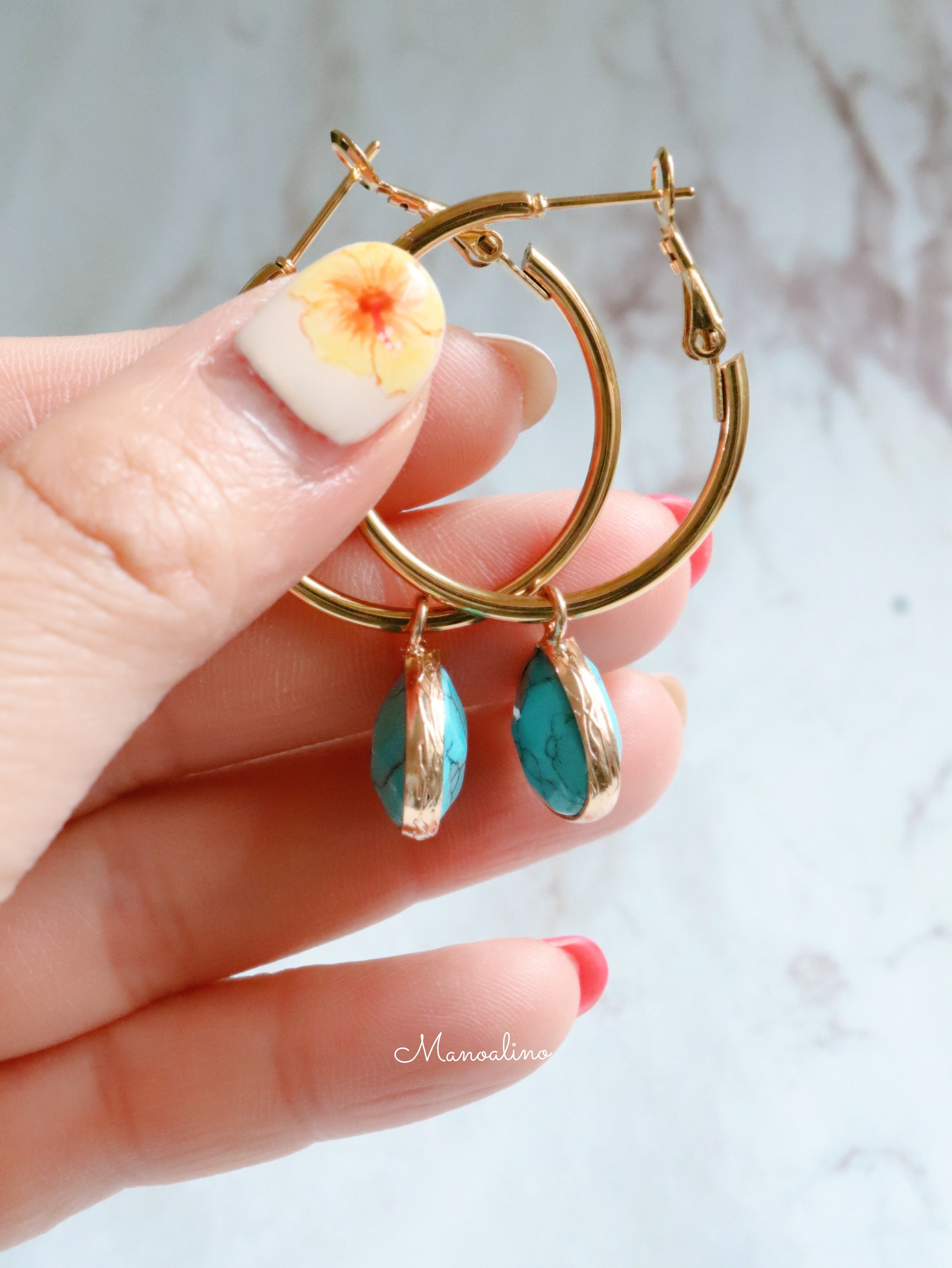 Hawaiian hoop earring turquoise(ぷっくりマロンシェイプターコイズ